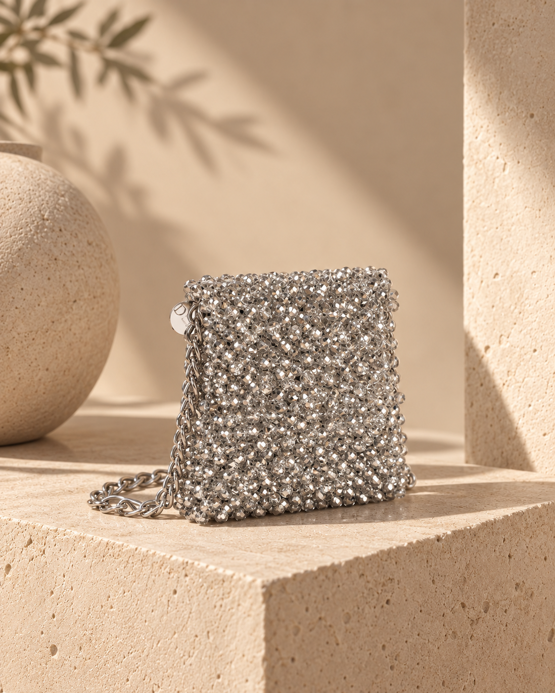 Gümüş kristal boncuklu Asteria Mini Bag stüdyo görünümü